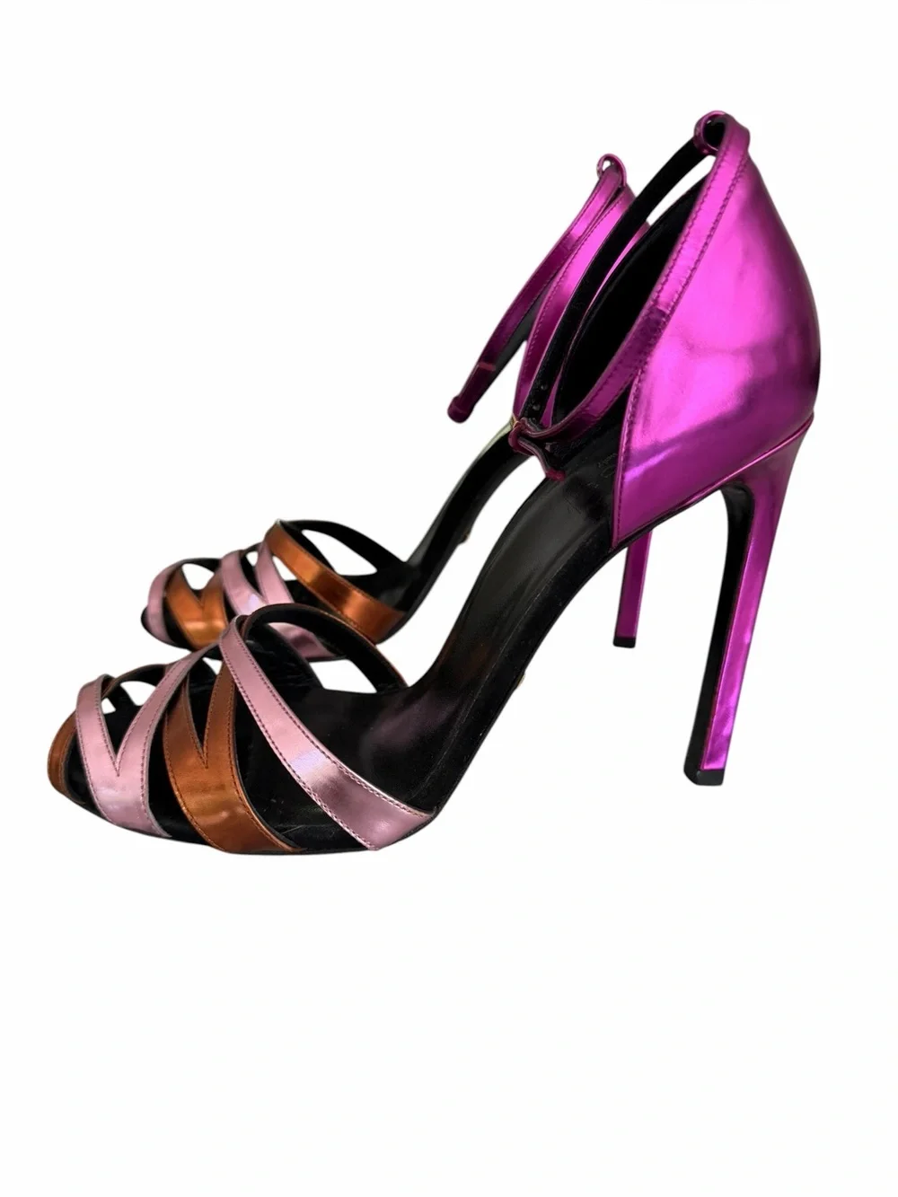 Gucci Sand Pelle S Cuoio Glow Light Pink Metallic Ankle Strap Heels Size 36.5